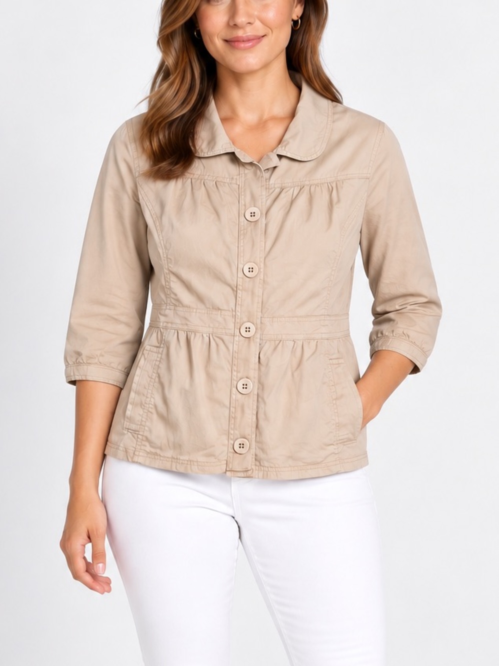 Caslon Beige Utility Jacket Button Front Peplum Lightweight Casual Women’s Large